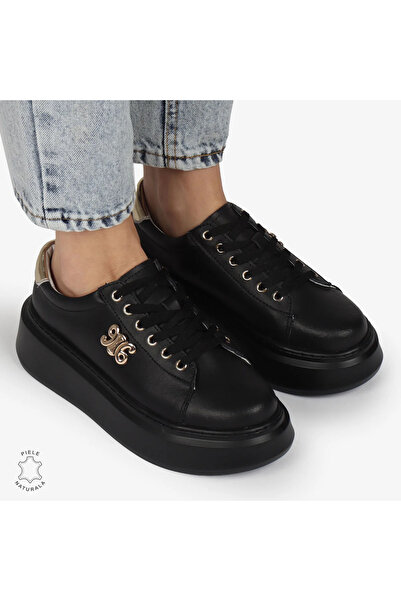 kevali Women's Casual Shoes Leather Black with Golden Insert |NESKY|