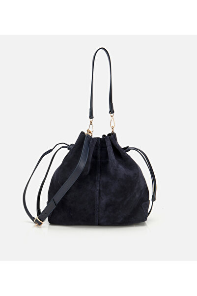 Hotiç Kadın Süet Deri Lacivert Bucket Omuz Çantası