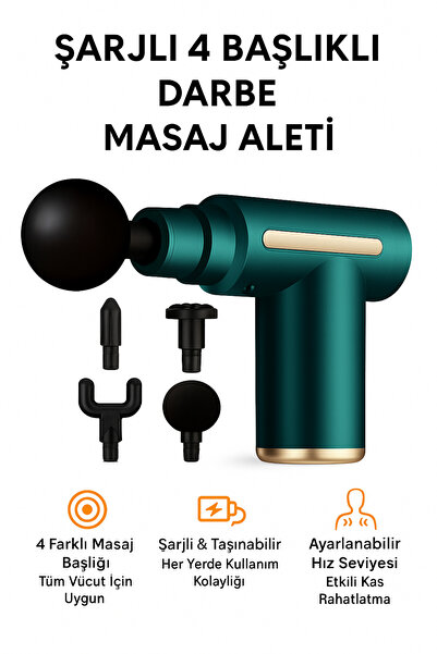 Hane Dostu Şarjlı 4 Başlıklı Mini Darbeli Masaj Aleti – Sessiz Motor – Taşına...
