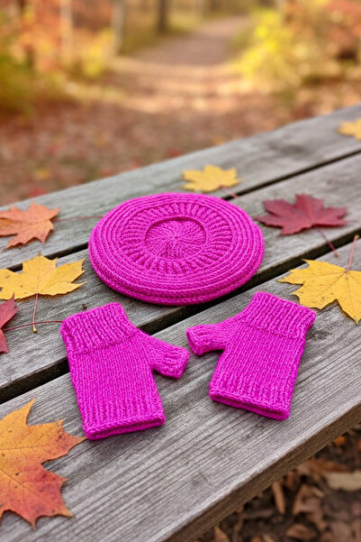 Mila Pink Hand Knitted Double Sided Beanie Gloves Set