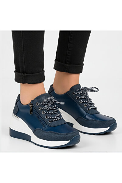 kevali Women's Navy Leather Sneakers with Platform, Laces and Zipper | SALZATI