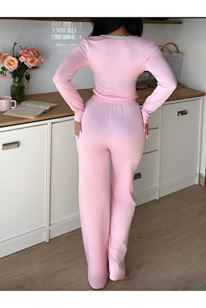 Blizard Women's Pink Lace Bow Detailed Long Cotton Viscose Pajama Set