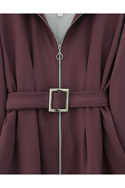 Modamorfo Combed Cotton Suit with Folded Waist, Front Zipper and Belted Skirt - Plum