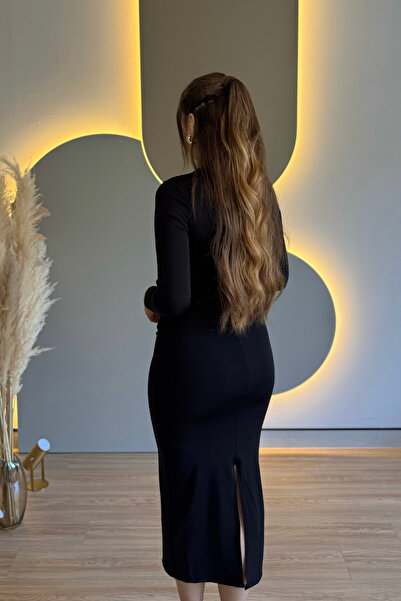 Aventien Draped Slit Long Sleeve Black Dress