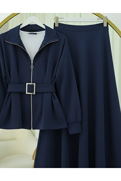 Modamorfo Combed Cotton Suit with Folded Waist, Front Zipper and Belted Skirt - Navy