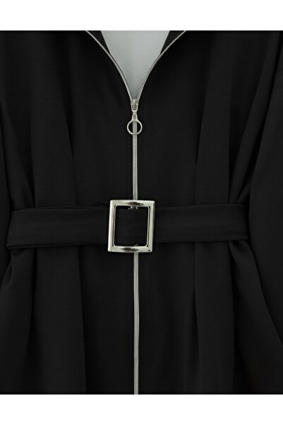 Modamorfo Combed Cotton Suit with Folded Waist, Front Zipper and Belted Skirt - Black