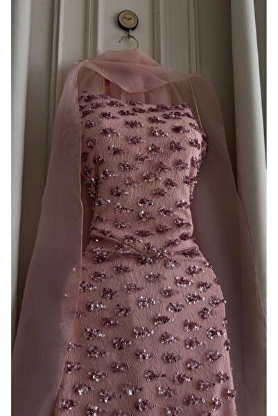 RUANI BIUTI Pink tulle evening dress with hand-embroidered sequins