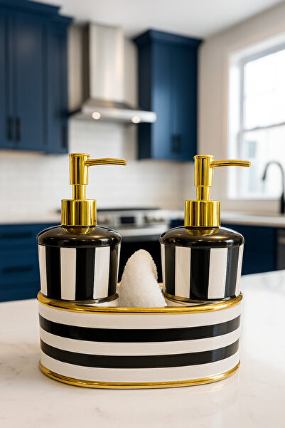 Paşabahçe Gold Çizgili 2'li Sıvı Sabunluk & Bulaşık Deterjan Seti- Modern Şerit Desen Tezgah Üstü Organizer