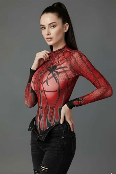 ARS Butik Spider Flame Printed Cosplay Long Sleeve Snap Closure Bodysuit