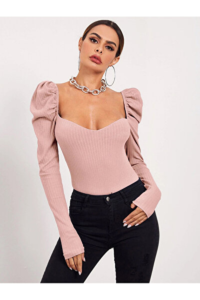 FridayIn Sexy Square collar Solid color Splicing Puff sleeve T-Shirts