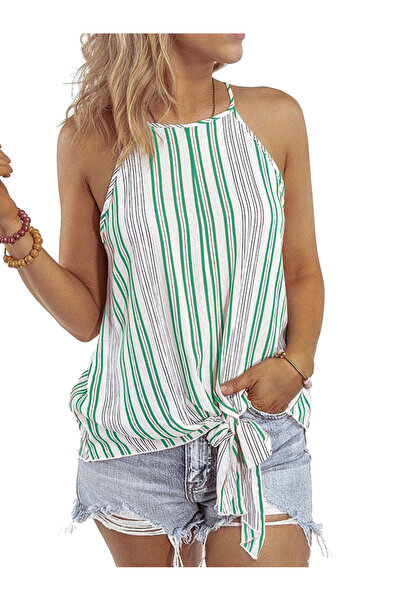 FridayIn Casual Sweet Halter Stripe Halter Tops