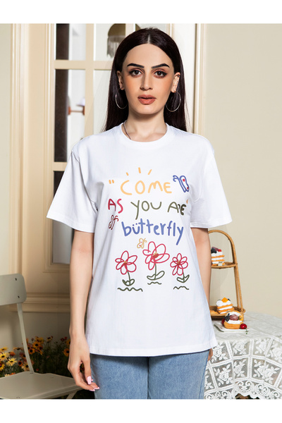 FridayIn Casual Round neck Solid color Color contrast Pos-flower Regular sleeve T-Shirts