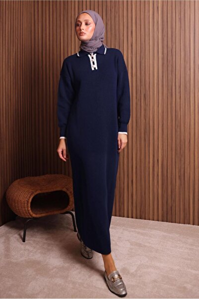 TRENDTESETTÜR Women's Dark Blue Shirt Collar Knitwear Dress t 7407