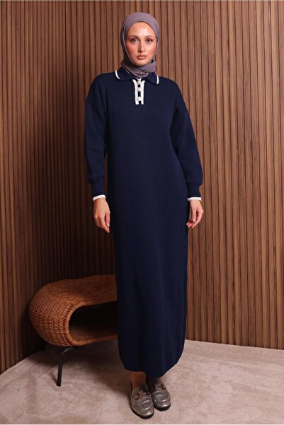 TRENDTESETTÜR Women's Dark Blue Shirt Collar Knitwear Dress t 7407