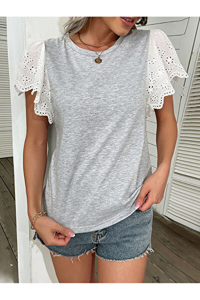FridayIn Casual Round neck Splicing pattern Ruffle Regular sleeve Thin Tops