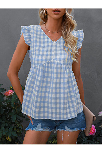 FridayIn Casual V-neck Solid color Ruffle Thin Tops