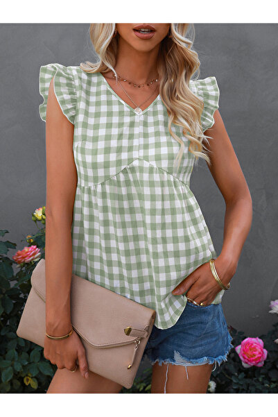 FridayIn Casual V-neck Solid color Ruffle Thin Tops