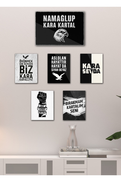 TABLOX 6 Pieces Black and White “Beşiktaş” Fan Quotes Eagle Football Decorative Mdf Painting Street Sign