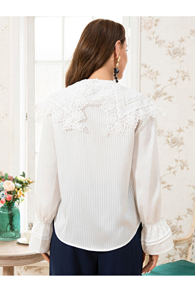 FridayIn Sweet Doll collar Stripe Solid color Buttons Lace Shirt sleeve Thin Tops