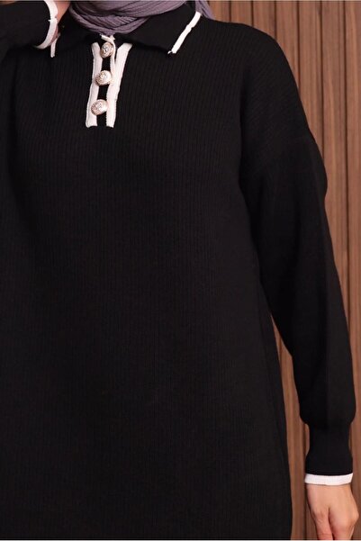 TRENDTESETTÜR Women's Black Shirt Collar Knitwear Dress t 7407