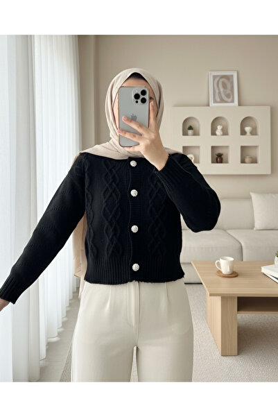Modamorfo Zerrissene Crop-Strickjacke mit Steinknöpfen – Schwarz