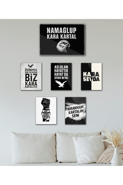 TABLOX 6 Pieces Black and White “Beşiktaş” Fan Quotes Eagle Football Decorative Mdf Painting Street Sign