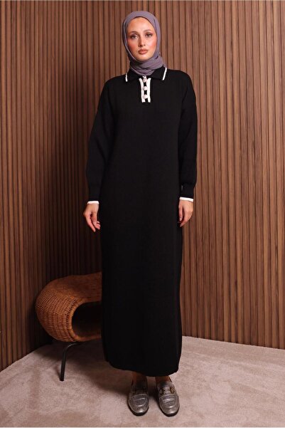 TRENDTESETTÜR Women's Black Shirt Collar Knitwear Dress t 7407