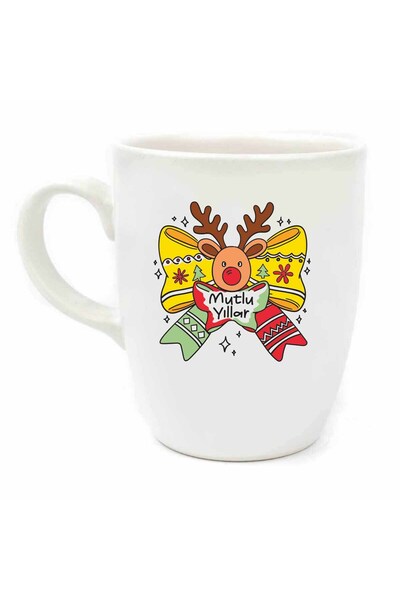 PALTO TASARIM Happy Birthday Ribbon Deer Cream Oval Mug - Gift Mug Cup Mug