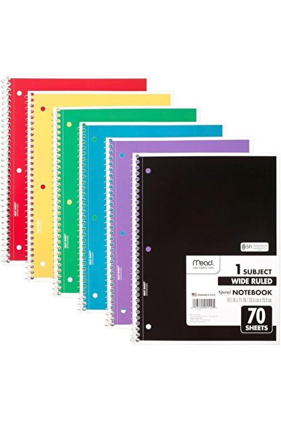 Mead Spiral Notebook 6-Pack, Single-Subject, Wide Ruled, 19 × 26.7 cm, 70 Sheets Each