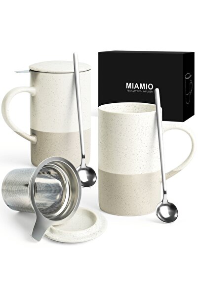 MIAMIO Set de 2 cești de ceai cu infuzor, cu capac și linguriță, 500ml, ceram...