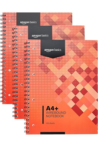 Amazon basics Spiral Notebook, 200 pages (100 sheets), A4+, 80gsm, Red, Pack of 3