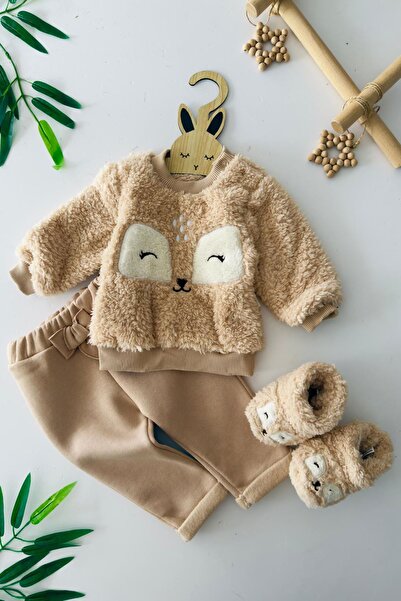 Minigimin Cicileri My Little One's Plushies Plush Cute Panduflu Girl's 3-Piece Set - Beige