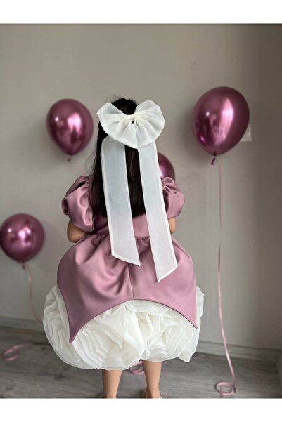 Sare Çocuk Giyim Purple Matte Satin Skirt with White Rose Motif Special Design Girl's Evening Dress Birthday Dress + Buckle