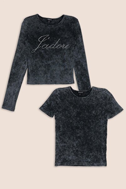 FOR YOU MODA 2er-Packung anthrazitfarbene T-Shirts mit Steinverzierungen, lang- und kurzärmelig