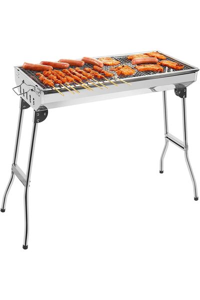 Yuwell YU WELL Barbecue Grill Stand Stainless Steel Portable Foldable BBQ Grill (Silver-Large)