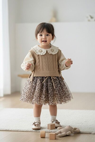 Minigimin Cicileri My Little One's Leopard Print Tulle Skirted Knitwear Sweater Set for Baby Girl, 3-Piece Set - Brown
