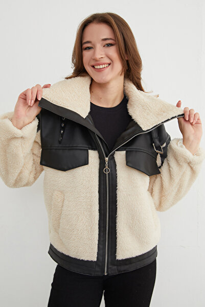 Fulla Moda Double Pocket Faux Leather Detailed Plush Coat