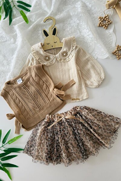 Minigimin Cicileri My Little One's Leopard Print Tulle Skirted Knitwear Sweater Set for Baby Girl, 3-Piece Set - Brown