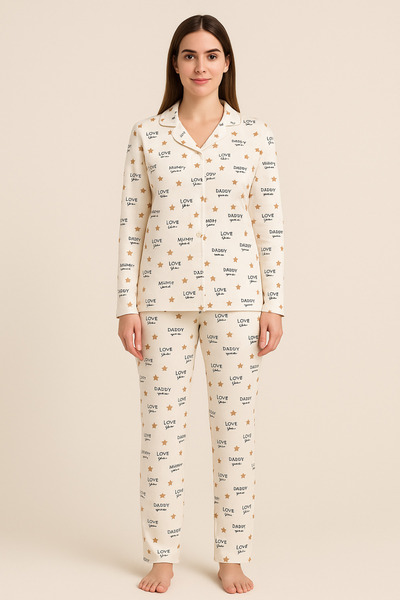 BONY SOCKS Women's Text Patterned Buttoned Pajama Set