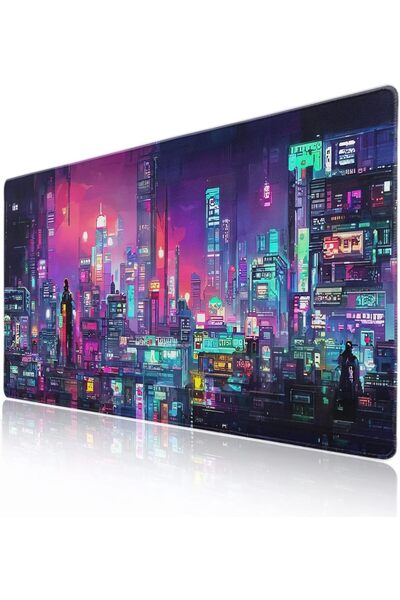Generic Baport XXL Gaming Mouse Pad - Retro Japanese Anime City, Dark Purple & Red, Non-Slip, Stitched Edges