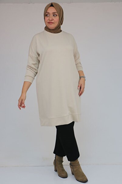 Eslina 58151 Plus Size Modal Tunic with Self-Ribbed Sleeves and Hem - Beige