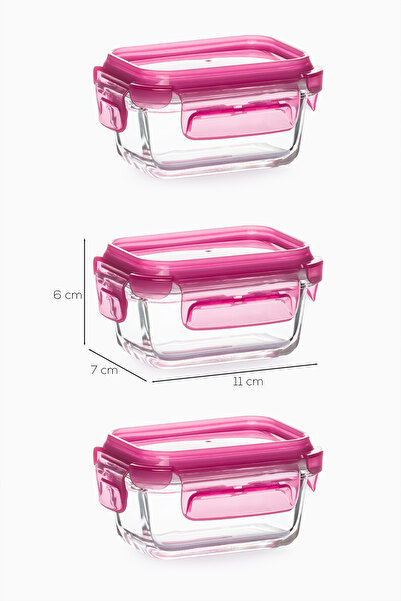 Porsima 4374 3-Piece Food Storage Container Set with Lockable Leak-Proof Lids - Glass Storage Container - 150ml Pink