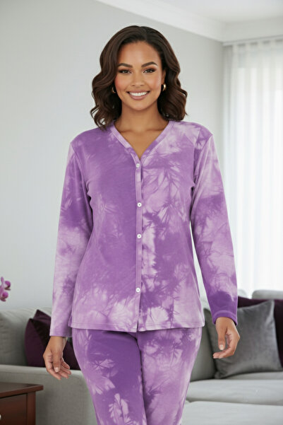 Avones Women's Tie-Dye Pattern V-Neck Button-Down Long Sleeve Pajama Set