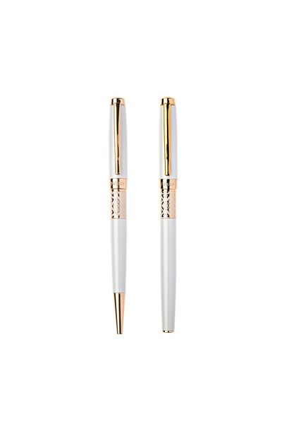 Daco Set pix și stilou Folclor Alb – corp metalic, peniță F, mină Parker, casetă elegantă