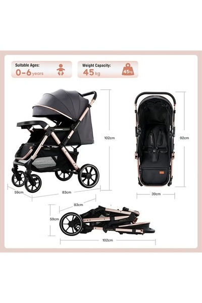hibobi Reversible-Handle Baby Stroller, One-Click Fold, Multi-Recline, PU Wheels, 5-Point Harness