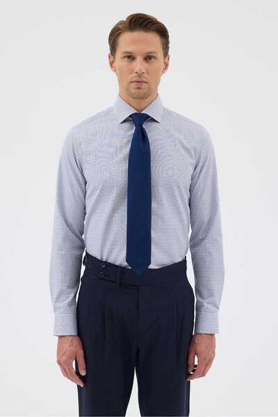 Paşahan Non-Iron Navy Blue Plaid 100% Cotton Comfort Fit Shirt