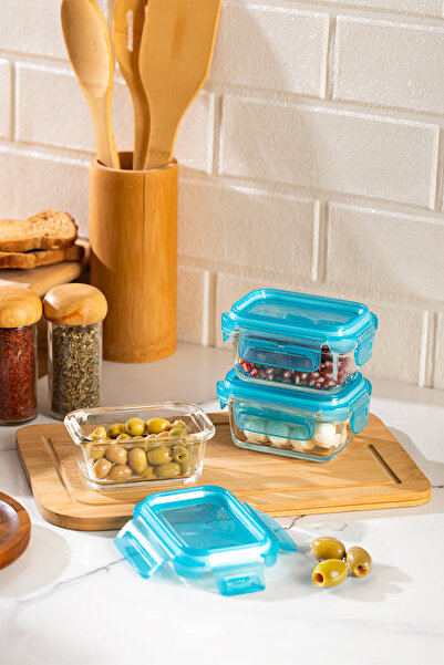 Porsima 4376 3-Piece Food Storage Container Set with Lockable Leakproof Lids - Glass Storage Container - 150ml Blue