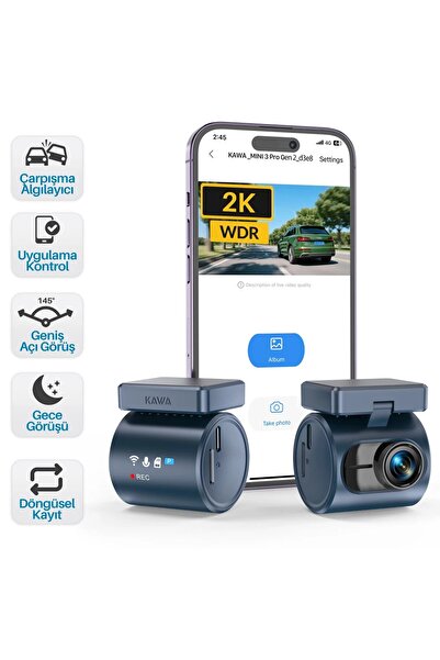 Kawa Mini 3 Pro Gen2 2K 1296P WDR 145° Geniş Açı Lens Araç Kamerası + 32GB Ha...