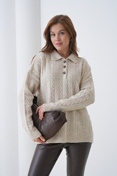 Miss Allos Women's Buttoned Front Knitted Patterned Sweater