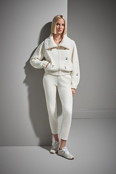 JOIN US Fermuarlı Nakış Figürlü Ekru Bomber Triko Ceket